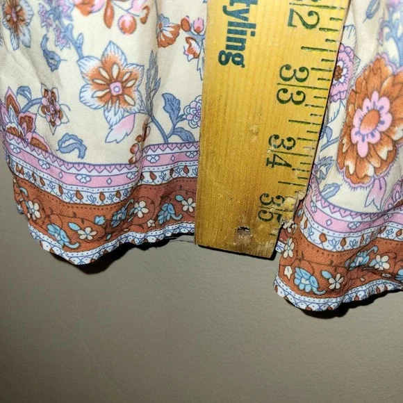 Boho Floral Mini Dress Womens M Blue Peasant Tassel Tie Tiered Babydoll Festival - Picture 2 of 9